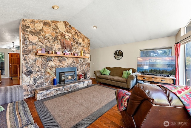 21410 SE 265th Pl, Maple Valley, WA 98038 - living area featuring vaulted ceiling, wood finished floors, and a wood stove