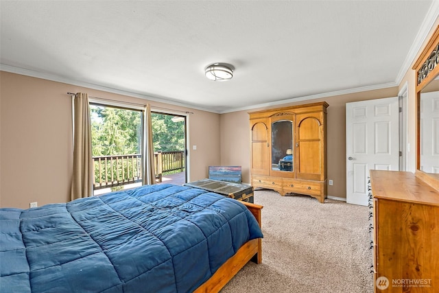 21410 SE 265th Pl, Maple Valley, WA 98038 - bedroom featuring light colored carpet, access to outside, and crown molding