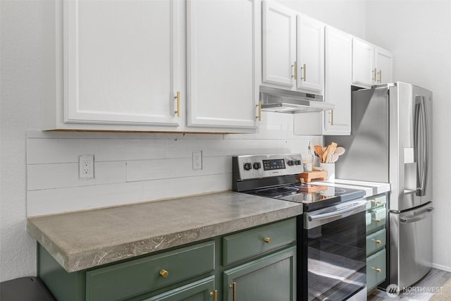 5414 70th Ave NE, Olympia, WA 98516 - kitchen featuring appliances with stainless steel finishes, under cabinet range hood, green cabinetry, white cabinets, and decorative backsplash