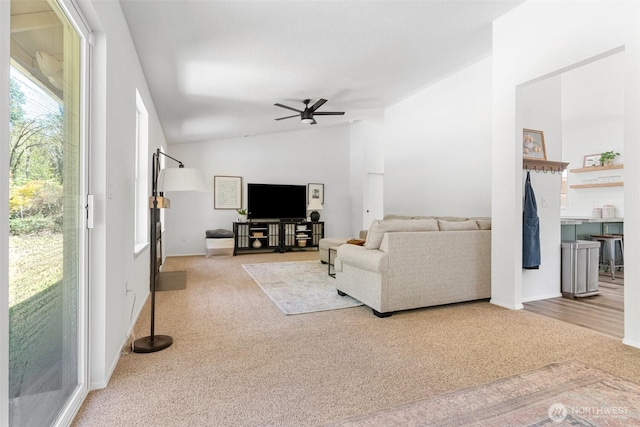 5414 70th Ave NE, Olympia, WA 98516 - living room featuring carpet floors, a ceiling fan, and high vaulted ceiling