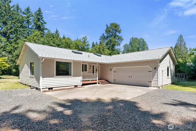 5414 70th Ave NE, Olympia, WA 98516 - ranch-style house featuring driveway, crawl space, a garage, roof with shingles, and covered porch