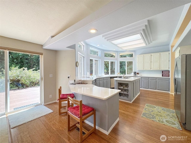 77 A Rd, Less Traveled, Sequim, WA 98382 - kitchen featuring stainless steel appliances, gray cabinets, wood finished floors, a peninsula, and a textured ceiling