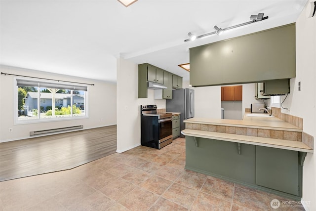 2512 Columbus Ave, Port Angeles, WA 98362 - kitchen with stainless steel appliances, green cabinets, a baseboard heating unit, a peninsula, and under cabinet range hood