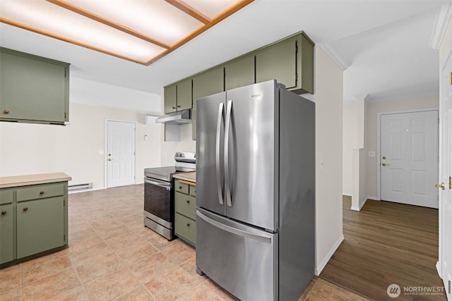2512 Columbus Ave, Port Angeles, WA 98362 - kitchen featuring green cabinetry, appliances with stainless steel finishes, under cabinet range hood, a baseboard heating unit, and light countertops