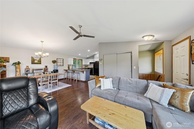14068 Crater Lake Rd, Anacortes, WA 98221 - living room featuring a chandelier, lofted ceiling, dark wood-style flooring, ceiling fan, and recessed lighting