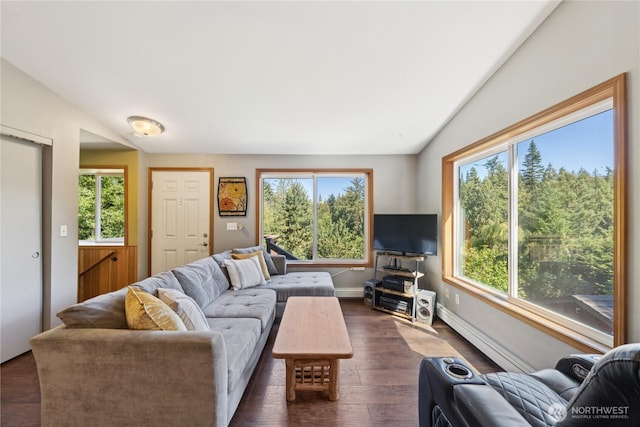 14068 Crater Lake Rd, Anacortes, WA 98221 - living room with plenty of natural light, a baseboard heating unit, lofted ceiling, and dark wood-style floors