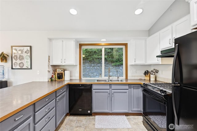 14068 Crater Lake Rd, Anacortes, WA 98221 - kitchen featuring black appliances, gray cabinets, white cabinetry, exhaust hood, and recessed lighting