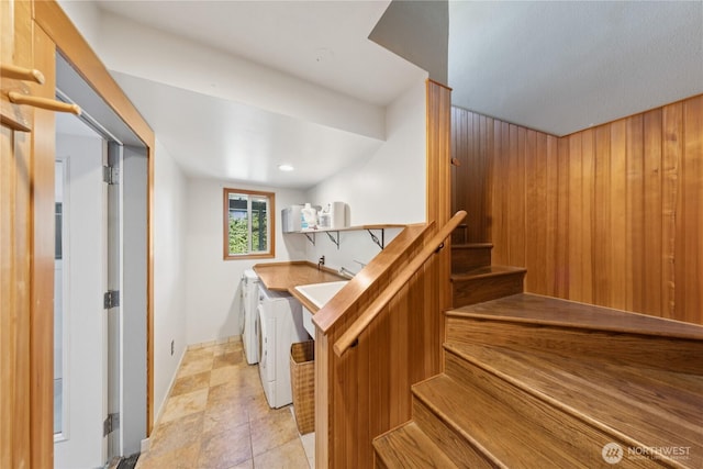 14068 Crater Lake Rd, Anacortes, WA 98221 - stairs with washing machine and dryer and bar with sink