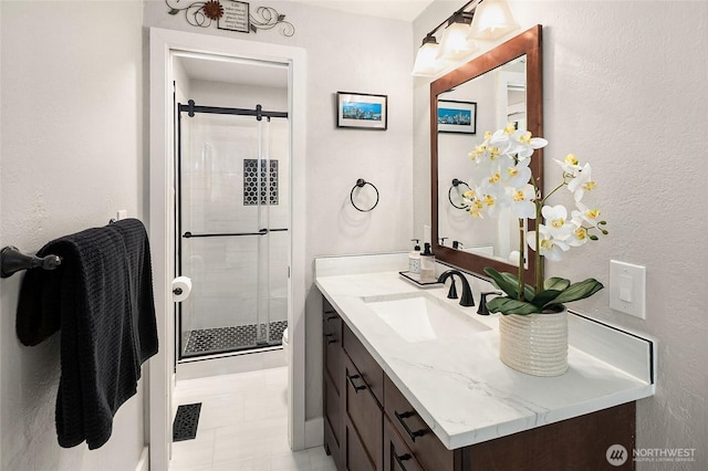 16671 SE 17th Pl, Bellevue, WA 98008 - full bathroom featuring vanity, a stall shower, and a textured wall
