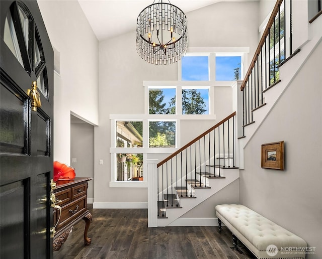 16671 SE 17th Pl, Bellevue, WA 98008 - entrance foyer featuring high vaulted ceiling, stairs, dark wood finished floors, and a chandelier
