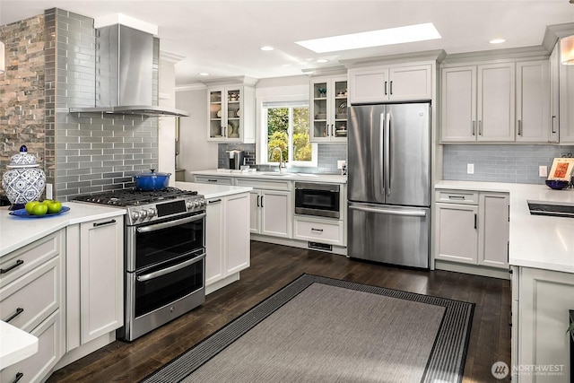 16671 SE 17th Pl, Bellevue, WA 98008 - kitchen with stainless steel appliances, range hood, decorative backsplash, a skylight, and light countertops