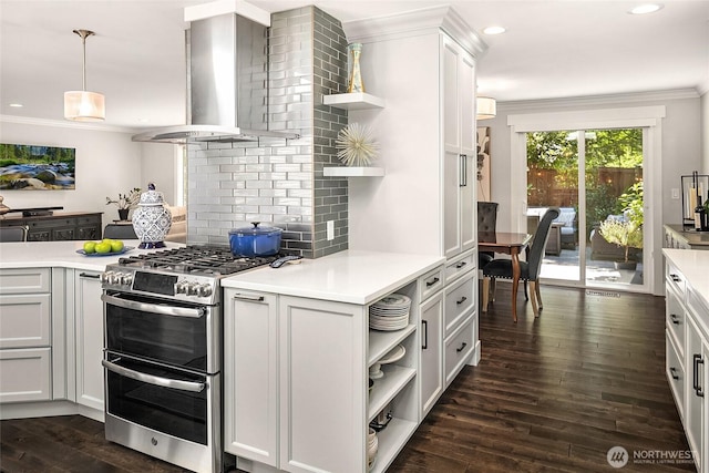 16671 SE 17th Pl, Bellevue, WA 98008 - kitchen with range with two ovens, open shelves, wall chimney exhaust hood, crown molding, and tasteful backsplash