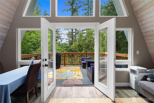 22305 Autumnwood Ct SE, Yelm, WA 98597 - doorway to outside featuring french doors, high vaulted ceiling, wood finished floors, and wooden ceiling