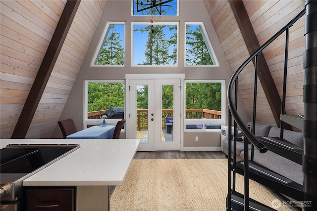 22305 Autumnwood Ct SE, Yelm, WA 98597 - living room with wooden ceiling, french doors, and wood finished floors
