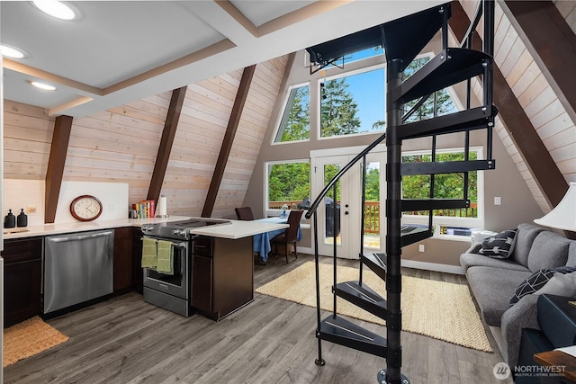 22305 Autumnwood Ct SE, Yelm, WA 98597 - living room with wood ceiling, light wood finished floors, and a chandelier