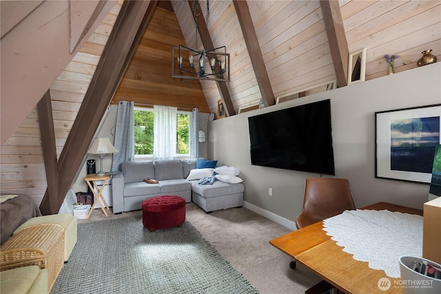 22305 Autumnwood Ct SE, Yelm, WA 98597 - living room featuring a chandelier, wooden walls, carpet flooring, and wooden ceiling