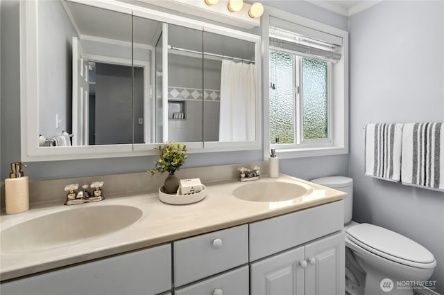 1023 144th Pl SE, Bellevue, WA 98007 - full bathroom with double vanity, crown molding, and curtained shower
