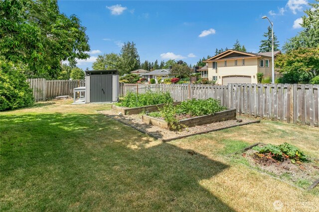 1023 144th Pl SE, Bellevue, WA 98007 - fenced backyard featuring a storage unit, a garden, and a garage