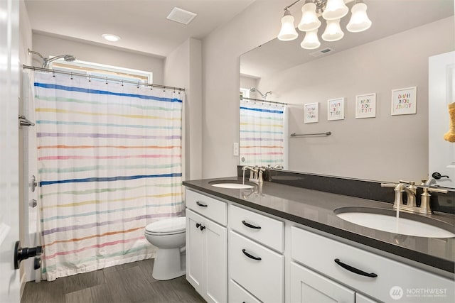 28621 NE 156th St, Duvall, WA 98019 - bathroom with double vanity, a chandelier, and shower / bathtub combination with curtain