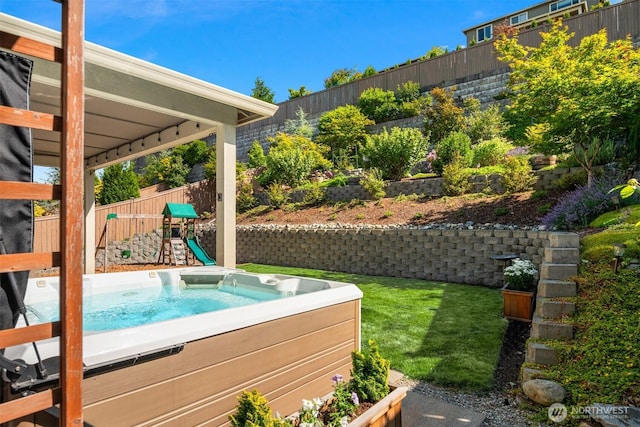 28621 NE 156th St, Duvall, WA 98019 - view of pool featuring a hot tub, a playground, and a fenced backyard