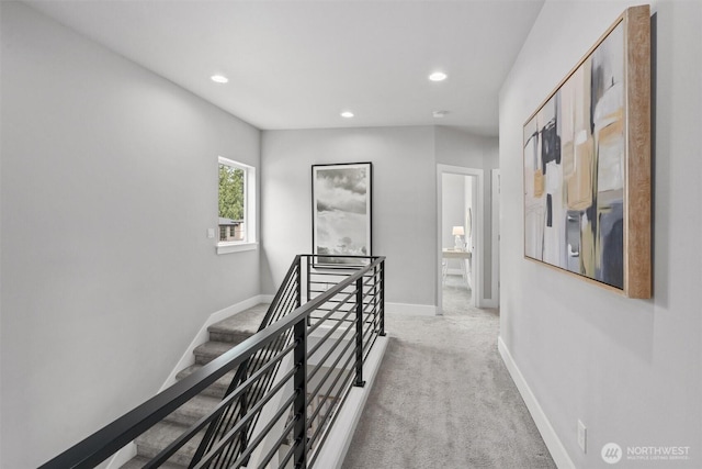 9909 123rd Ln NE, Kirkland, WA 98033 - hallway featuring light colored carpet, recessed lighting, and an upstairs landing