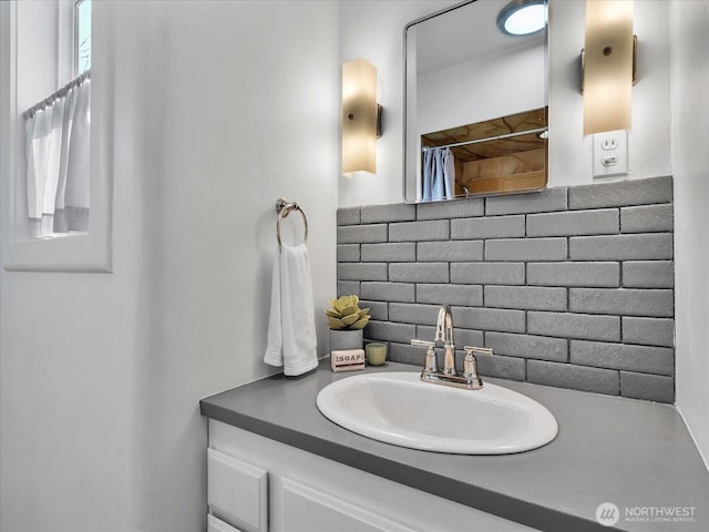 5041 Guide Meridian, Bellingham, WA 98226 - full bathroom featuring vanity, backsplash, and curtained shower