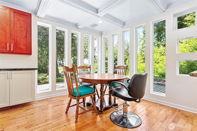 3915 Gilmore Rd, Everson, WA 98247 - sunroom with coffered ceiling, beamed ceiling, wood-type flooring, and crown molding