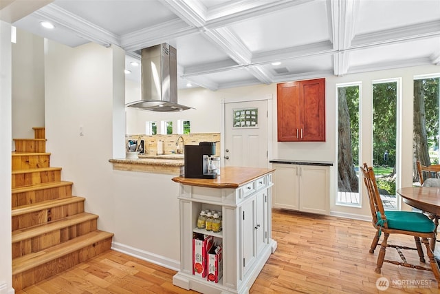 3915 Gilmore Rd, Everson, WA 98247 - kitchen featuring island exhaust hood, light wood-style flooring, recessed lighting, coffered ceiling, and beamed ceiling