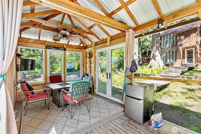 3915 Gilmore Rd, Everson, WA 98247 - sunroom / solarium featuring french doors, vaulted ceiling, a ceiling fan, and plenty of natural light