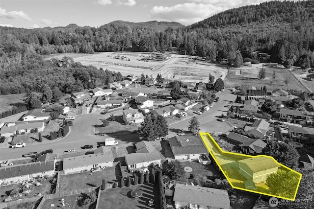 1713 S 30th St, Mount Vernon, WA 98274 - aerial perspective of suburban area featuring a forest and property parcel outlined