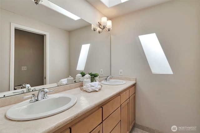14627 SE Newport Way, Bellevue, WA 98006 - bathroom featuring a skylight, double vanity, and tile patterned flooring