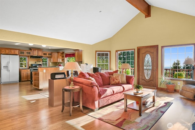 4054 Cabrant Rd, Everson, WA 98247 - living room featuring high vaulted ceiling, light wood-style flooring, beam ceiling, and healthy amount of natural light