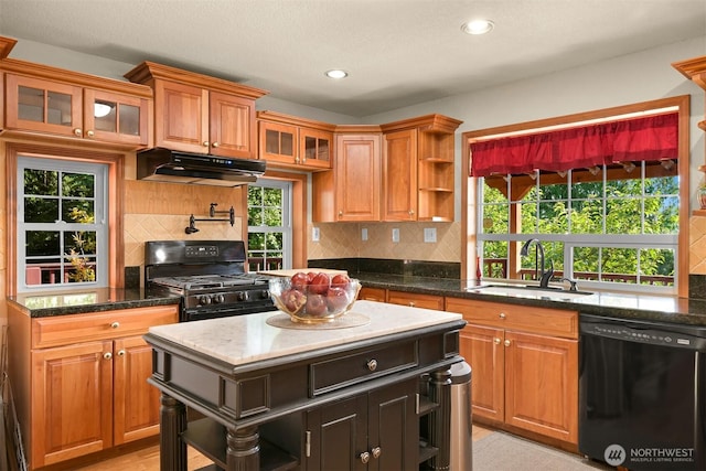 4054 Cabrant Rd, Everson, WA 98247 - kitchen with dishwasher, under cabinet range hood, range with gas cooktop, open shelves, and recessed lighting