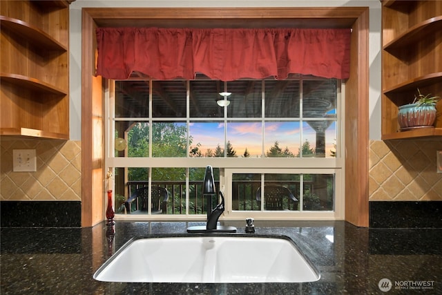4054 Cabrant Rd, Everson, WA 98247 - kitchen featuring open shelves, dark stone countertops, and decorative backsplash