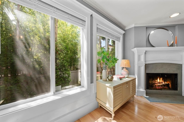 727 N 85th St Unit 102, Seattle, WA 98103 - living area with a lit fireplace, light wood finished floors, ornamental molding, and recessed lighting
