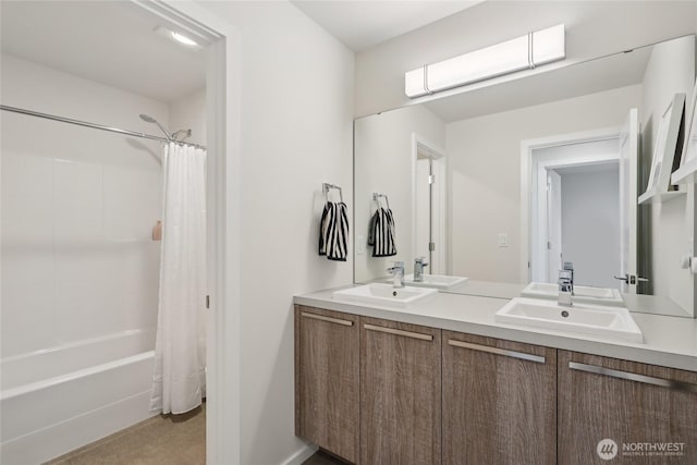 16204 27th Street Ct E, Lake Tapps, WA 98391 - bathroom with double vanity and shower / tub combo with curtain