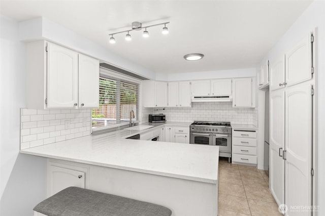 3527 Cain Rd SE, Olympia, WA 98501 - kitchen with appliances with stainless steel finishes, under cabinet range hood, a peninsula, and backsplash