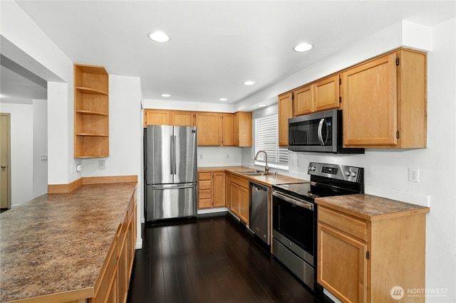 19350 113th Ave SE, Kent, WA 98031 - kitchen with stainless steel appliances, open shelves, dark wood-style flooring, a peninsula, and recessed lighting
