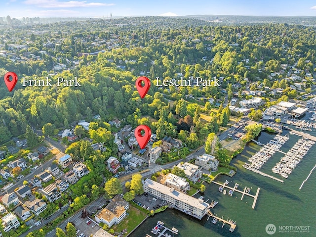 3522 S Leschi Pl, Seattle, WA 98144 - aerial view of property's location with a large body of water and numerous boat docks