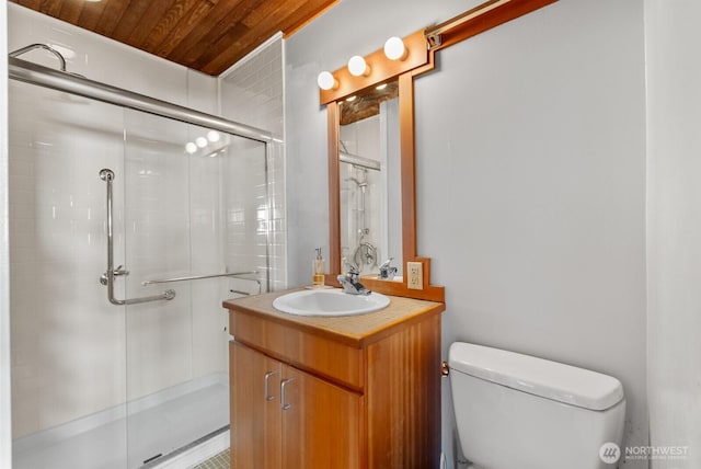 3522 S Leschi Pl, Seattle, WA 98144 - full bathroom featuring wooden ceiling, a shower with shower door, and vanity
