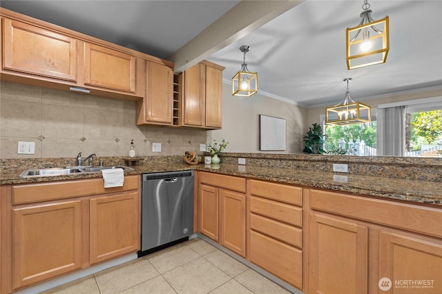 1302 N 6th St Unit 8, Tacoma, WA 98403 - kitchen featuring stainless steel dishwasher, light tile patterned flooring, tasteful backsplash, hanging light fixtures, and crown molding