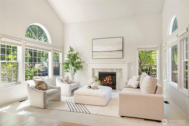 15101 91st Pl NE, Bothell, WA 98011 - living area featuring high vaulted ceiling and a tile fireplace