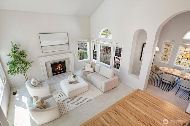 15101 91st Pl NE, Bothell, WA 98011 - living room with a fireplace, arched walkways, a towering ceiling, and carpet