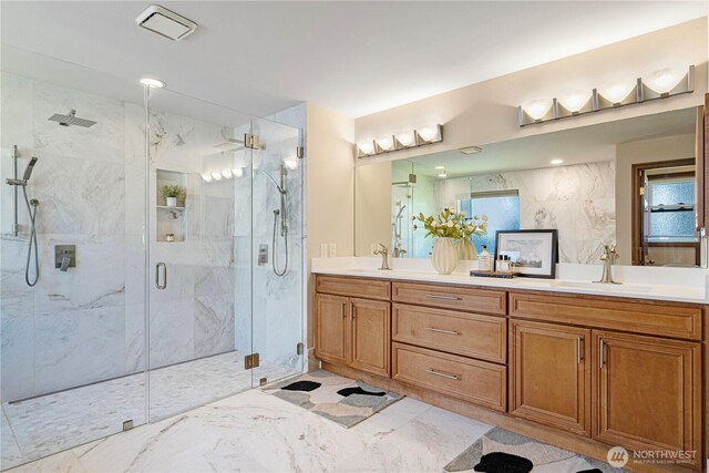 15101 91st Pl NE, Bothell, WA 98011 - full bathroom featuring a marble finish shower, double vanity, and marble finish floors