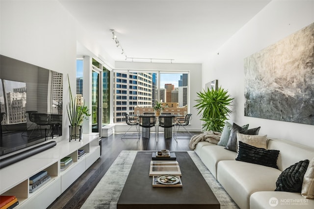 1920 4th Ave Unit 1207, Seattle, WA 98101 - living room with a city view and dark wood-style flooring