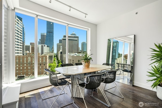 1920 4th Ave Unit 1207, Seattle, WA 98101 - dining space with a view of skyline, plenty of natural light, wood finished floors, and track lighting