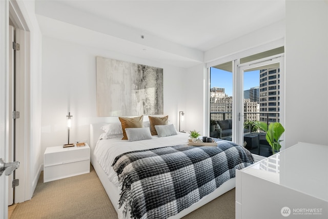 1920 4th Ave Unit 1207, Seattle, WA 98101 - bedroom featuring access to exterior, light colored carpet, and a view of city