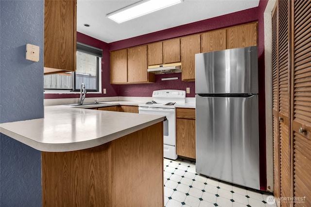 9404 Stone Ave N, Seattle, WA 98103 - kitchen with freestanding refrigerator, electric range, under cabinet range hood, light flooring, and a textured wall