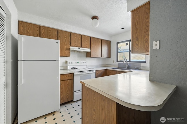 9404 Stone Ave N, Seattle, WA 98103 - kitchen featuring white appliances, under cabinet range hood, a peninsula, light flooring, and a textured wall