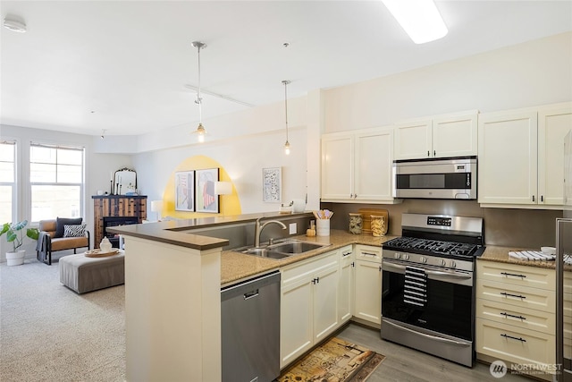 530 4th Ave W Unit 405, Seattle, WA 98119 - kitchen with appliances with stainless steel finishes, a peninsula, open floor plan, hanging light fixtures, and white cabinetry